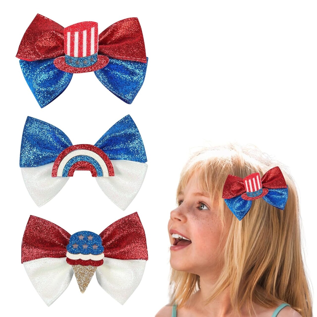 3Pcs 4th of July Hair Bow Clips Patriotic Glitter Hair Clips Red White Blue Bows Barrettes Sparkly Sequins bow Hairpin Independence Day Hair Accessories for Women Girl Memorial Party Decoration